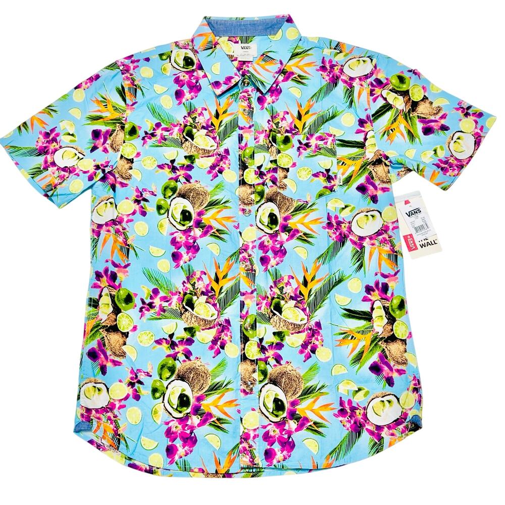 Vans Corley Button Up Shirt Large Blue Tropical Limes Coconuts Palms Hawaiian